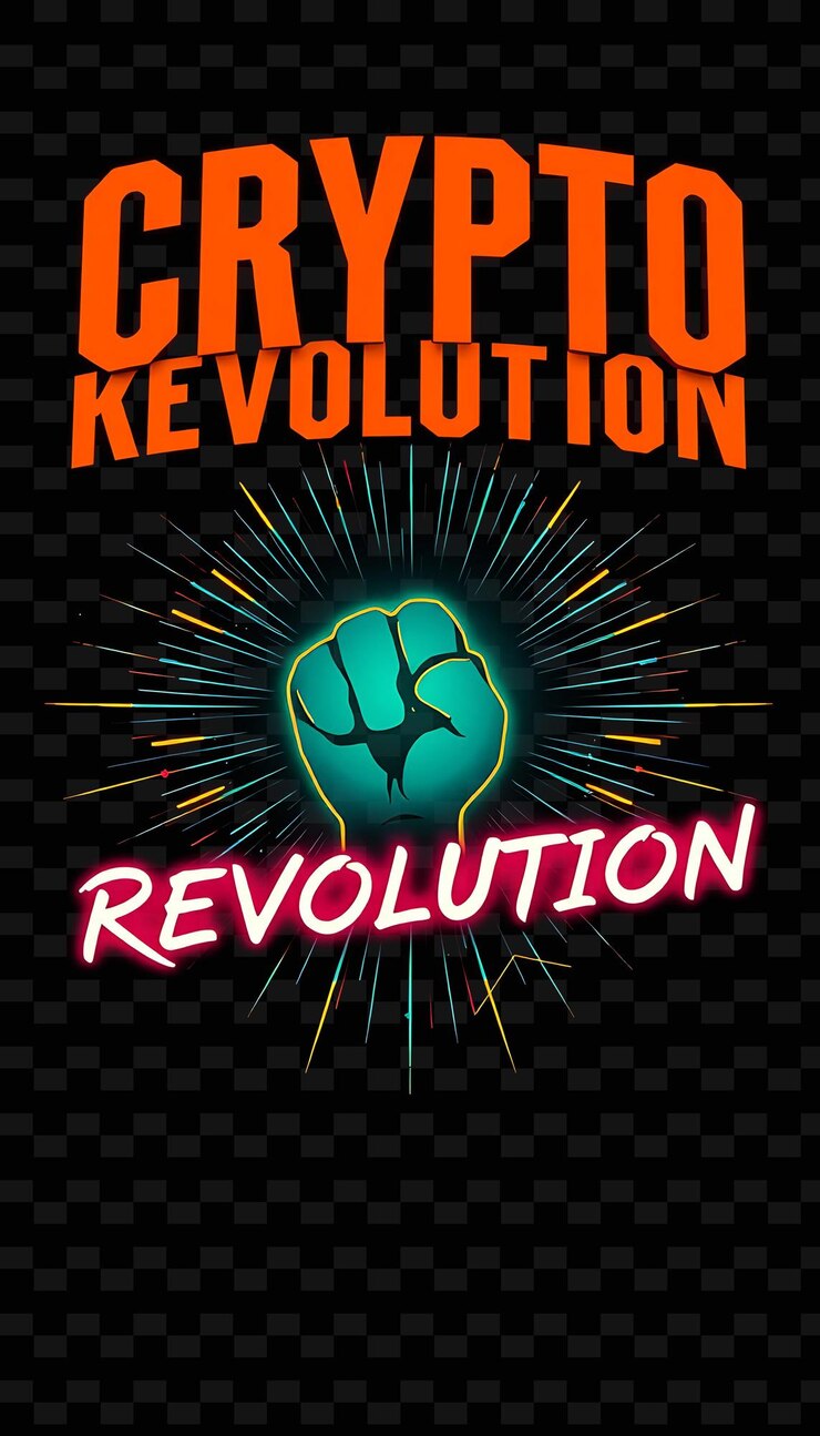 PSD texto parpadeante de la cripto revolución en mandarina de neón y azul profundo con una señal de protesta brillante