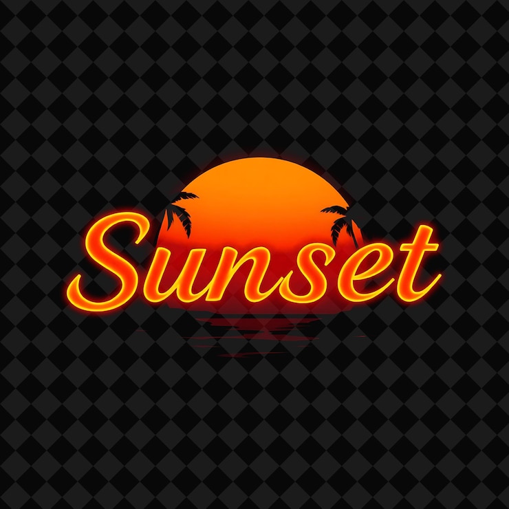 PSD el texto de promoción del resplandor del atardecer se desvanece con neón naranja vibrante y rojo silueta de palma de gradiente cálido