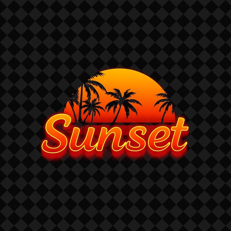 PSD el texto de promoción del resplandor del atardecer se desvanece con neón naranja vibrante y rojo silueta de palma de gradiente cálido