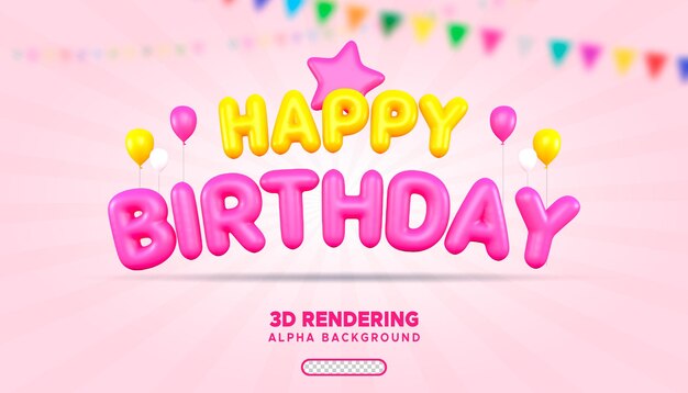 Texto psd de feliz cumpleaños con globo amarillo y rosa renderización 3d con fondo alfa