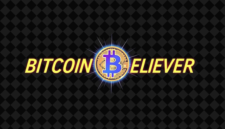 PSD texto pulsante de bitcoin believer em ouro de néon e roxo rico exibindo um logotipo de bitcoin radiante e
