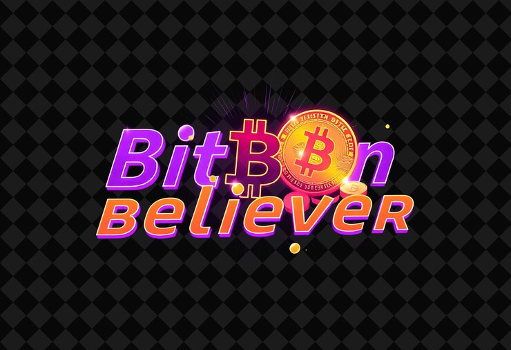 PSD texto pulsante de bitcoin believer em ouro de néon e roxo rico exibindo um logotipo de bitcoin radiante e