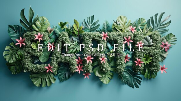 Texto de renderización 3D mínimo TERRA decorada con hojas y flores