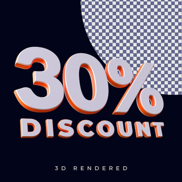 Texto de renderizado 3d de 30 por ciento de descuento con combinación de colores naranja y blanco en fondo alfa