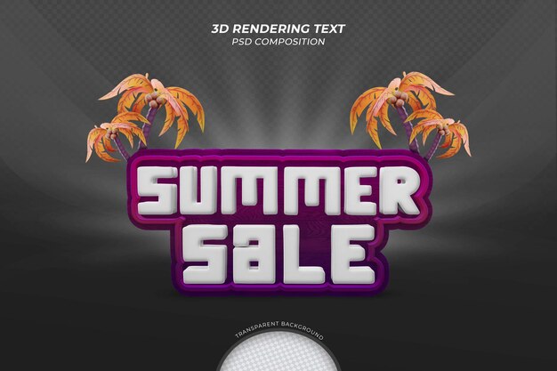 Texto de renderizado 3d de venta de verano con árbol de coco