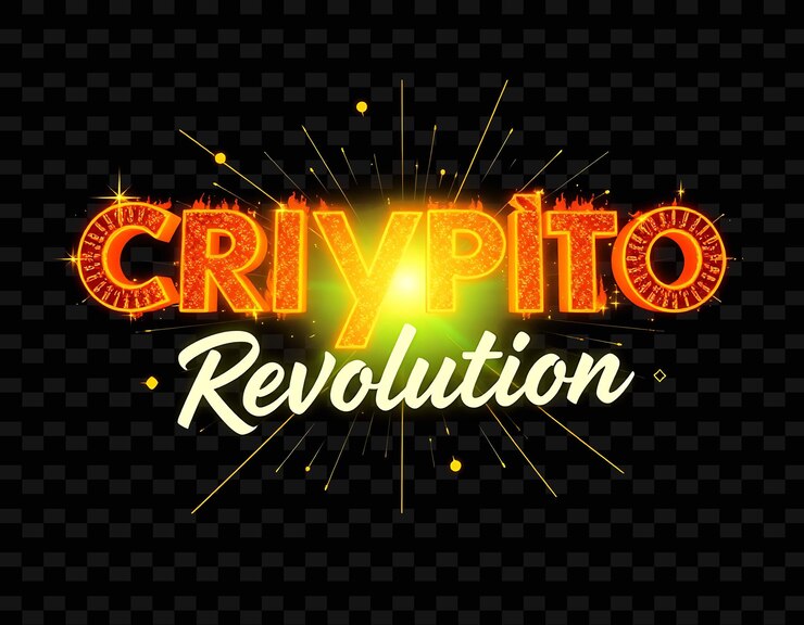 PSD texto de la revolución cripto radiante en naranja ardiente y amarillo brillante con un aura revolucionaria brillante