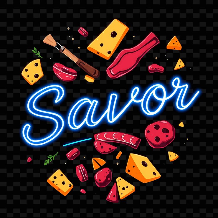 PSD texto de sabor brillante en azul neón decorado con carnes y quesos sabrosos neón tipografía deliciosa designe