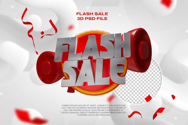 Texto de venta flash moderno con objeto de megáfono 3d archivo psd