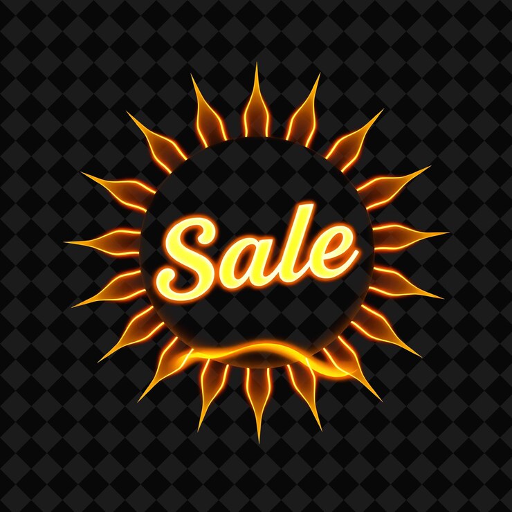 PSD texto de venta de sol brillante irradia con neón amarillo vibrante y oro brillo iluminado por el sol gráficos de sol y