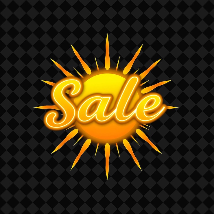 PSD texto de venta de sol brillante irradia con neón amarillo vibrante y oro brillo iluminado por el sol gráficos de sol y