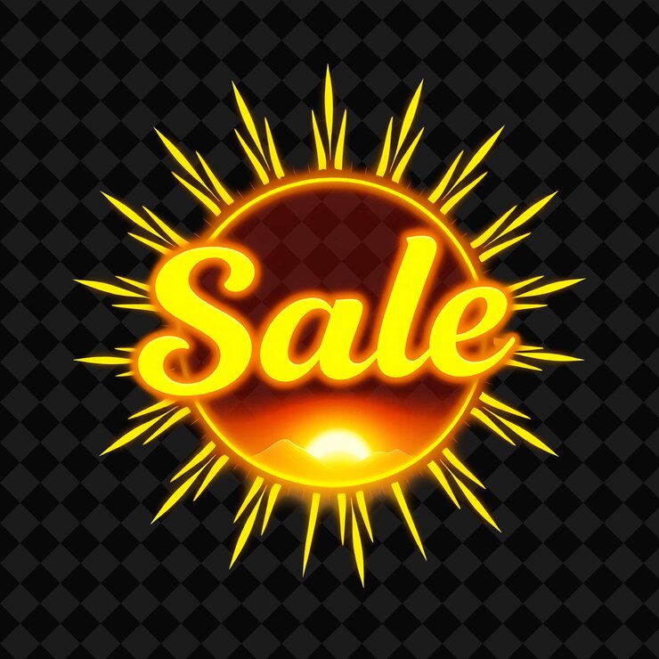 PSD texto de venta de sol brillante irradia con neón amarillo vibrante y oro brillo iluminado por el sol gráficos de sol y