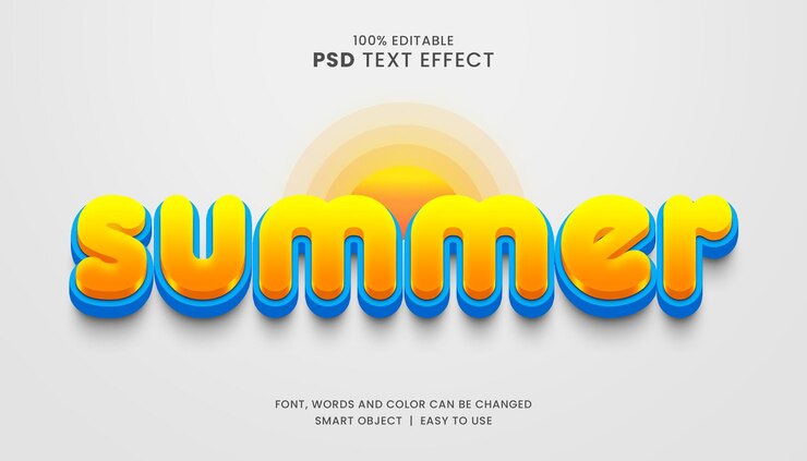 PSD texto de verano y estilo de efecto de fuente con sol.
