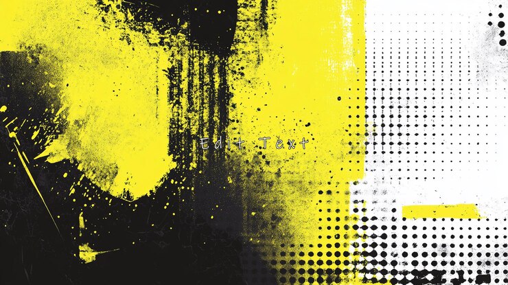PSD textura grunge abstracta con salpicaduras de pintura amarilla, negra y blanca y puntos de medio tono