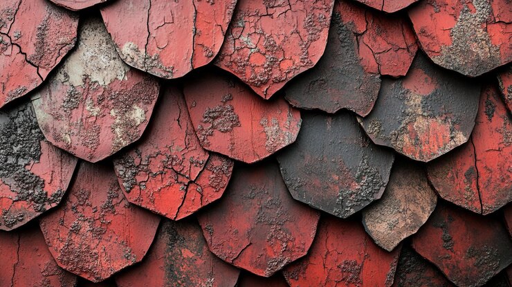 PSD textura de primer plano de las baldosas de techo de escala roja y gris desgastadas