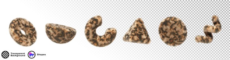PSD texturas fofinhas formas geométricas 3d com padrão de pele de leopardo com manchas triângulo cilindro abstrato meia esfera anel linha em espiral com impressão de pele de animal selvagem conjunto de ícones isolados