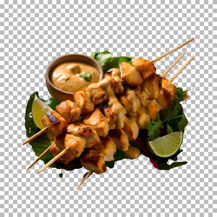 PSD thai chicken satay with peanut sauce on transparent background