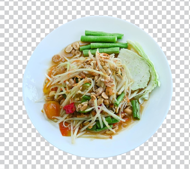 PSD thai-food-papaya-salat mit langen bohnen und kohl auf einem weißen teller foto premium psd