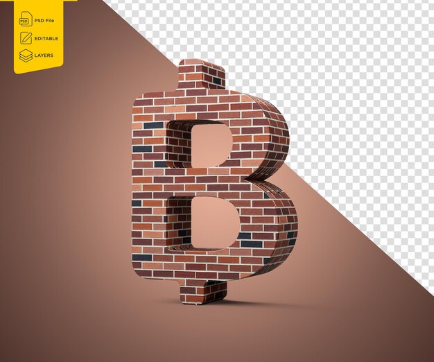 Thailändisches Baht-Währungsschild aus roten Ziegelsteinen mit einer Wand wie Textur 3D-Illustration