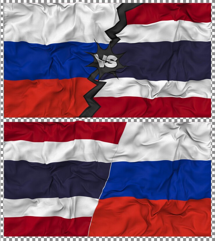 PSD thailand vs russia half combined flag cloth bump texture 3d rendering