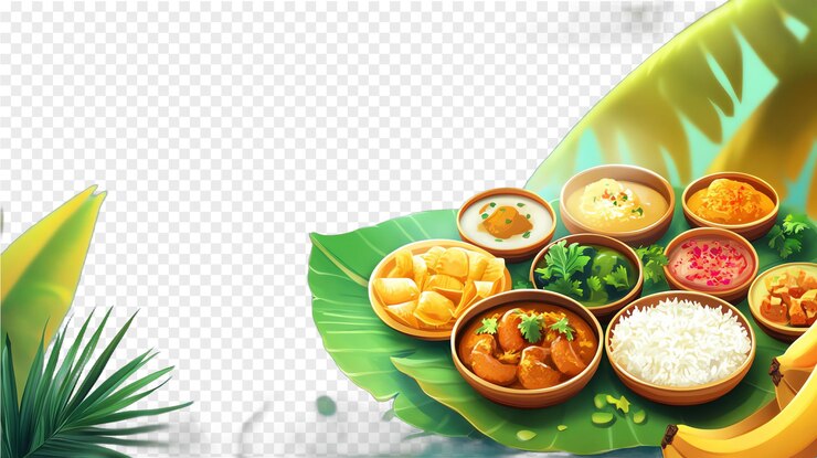 PSD thali indio tradicional con varios platos en hoja de plátano aislados en un fondo transparente
