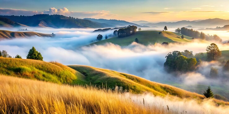 PSD the golden fields of the valley are covered in fog