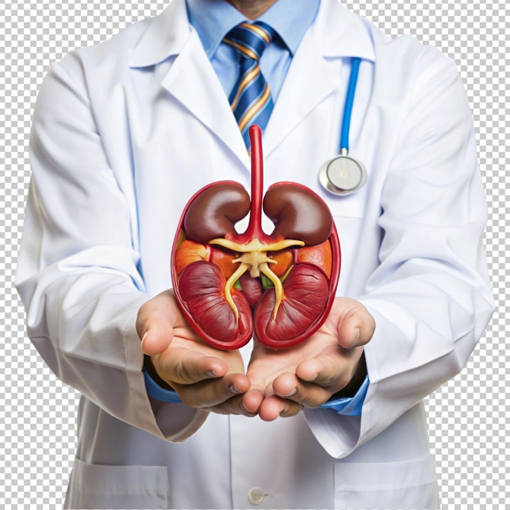 PSD the healthy kidney model in doctor palm hand isolated on transparent background