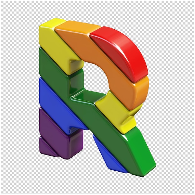 The letters in the color of the LGBT flag are rotated to the left. 3d letter r