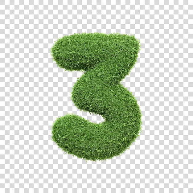 The number 3 shaped from dense green grass set against a pure white backdrop Number three Front view