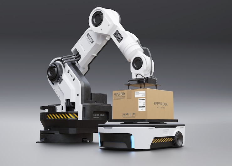 PSD the robot arm picks up the box to agv