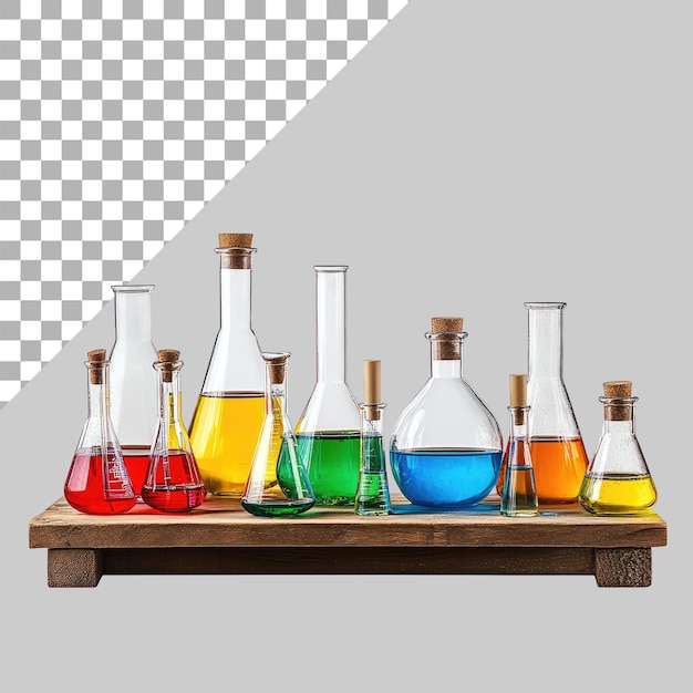 the set of vintage laboratory equipment and flasks with colorful liquids on a wooden table isolated against a transparent background