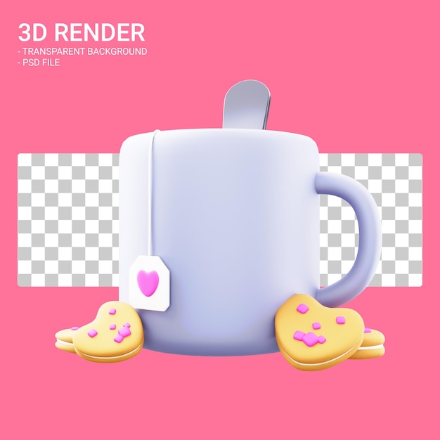 PSD thé de tasse de valentine de rendu 3d avec le biscuit