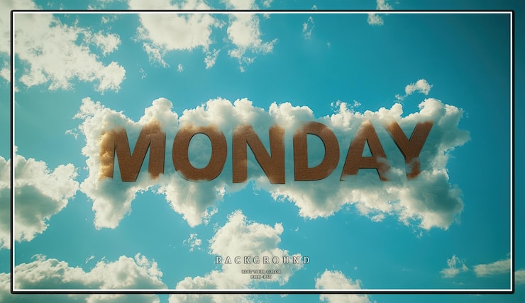 PSD the word monday spelled out in fluffy white clouds against a b