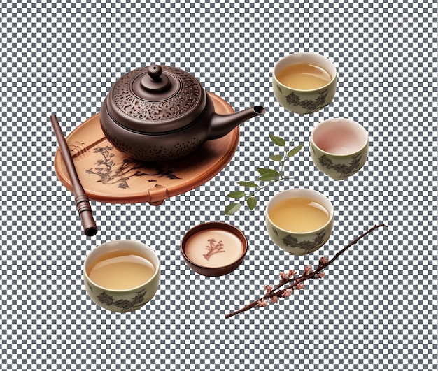 Une théière traditionnelle avec des tasses et des épices isolées sur un fond transparent