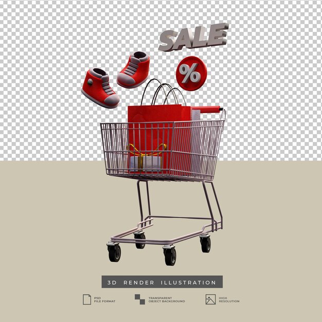 Thème de Noël de panier de vente avec l'icône de remise et l'illustration 3d de boîte-cadeau d'arc d'or d'isolement