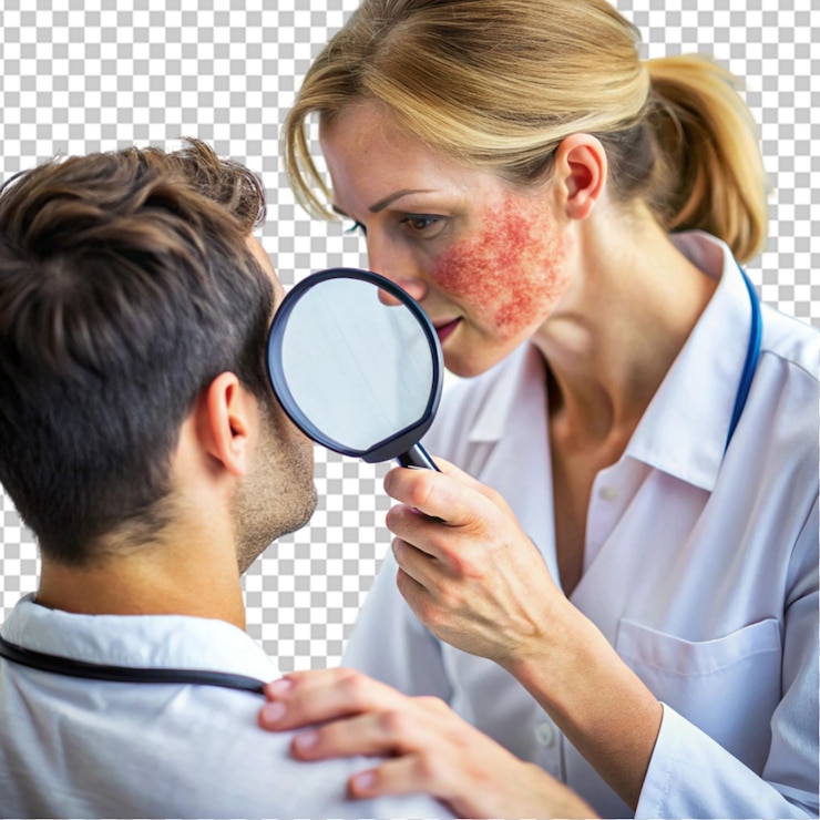 PSD le thérapeute examine une éruption cutanée sur le cou du patient sur un fond transparent