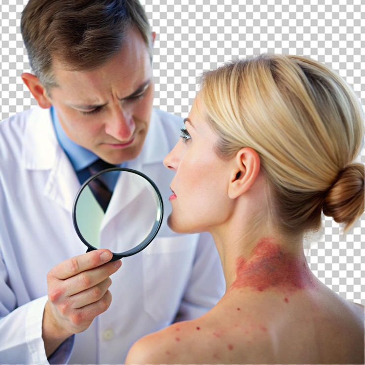 PSD le thérapeute examine une éruption cutanée sur le cou du patient sur un fond transparent
