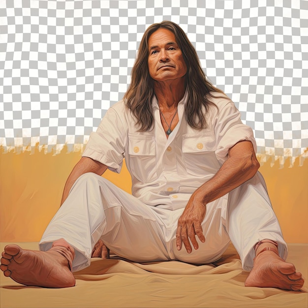 Thérapeute Respiratoire Amérindien Peureux Homme D'âge Moyen Aux Cheveux Longs Dans La Pose De L'arc Arrière Sur Fond De Crème Pastel