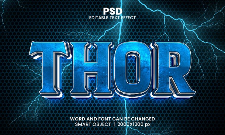 PSD thor 3d modificabile in stile effetto testo photoshop con sfondo moderno