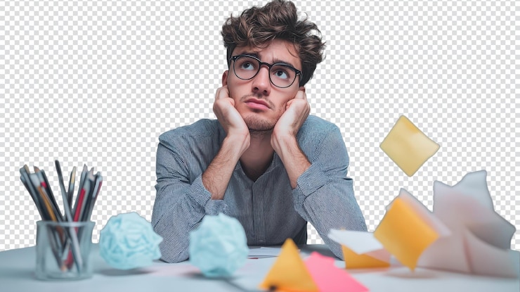 PSD thoughtful young man brainstorming ideas in modern workspace