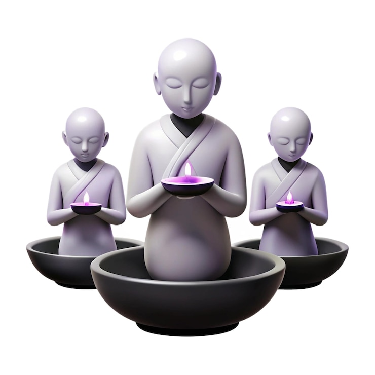 PSD three buddha statues in a row with one being the other with the other holding a tray of food