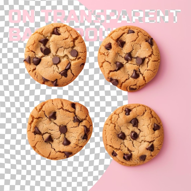 PSD three chocolate chip cookies with chocolate chips on a pink background