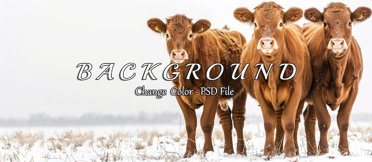 PSD three cows standing in a snowy field