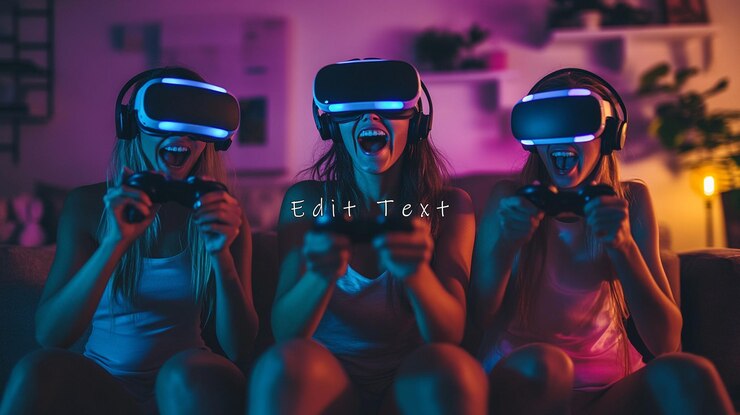 PSD three excited women playing vr games at night