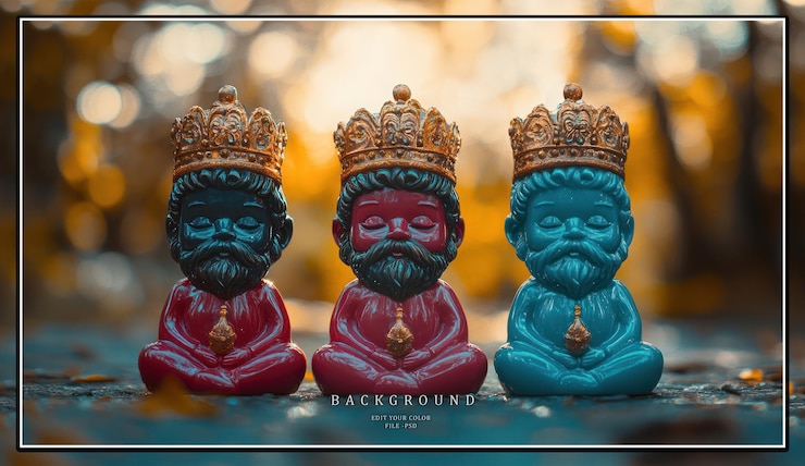 PSD three figurines of wise men in crowns sitting in a row