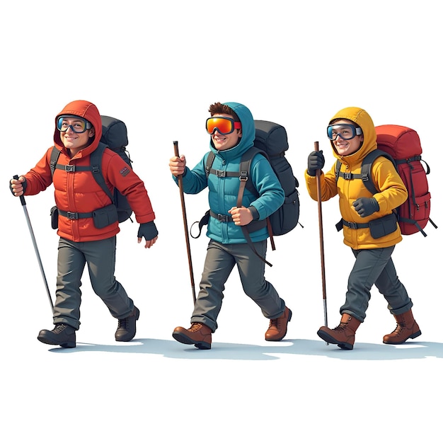 three people wearing jackets and goggles one of which has the word  the word  on it