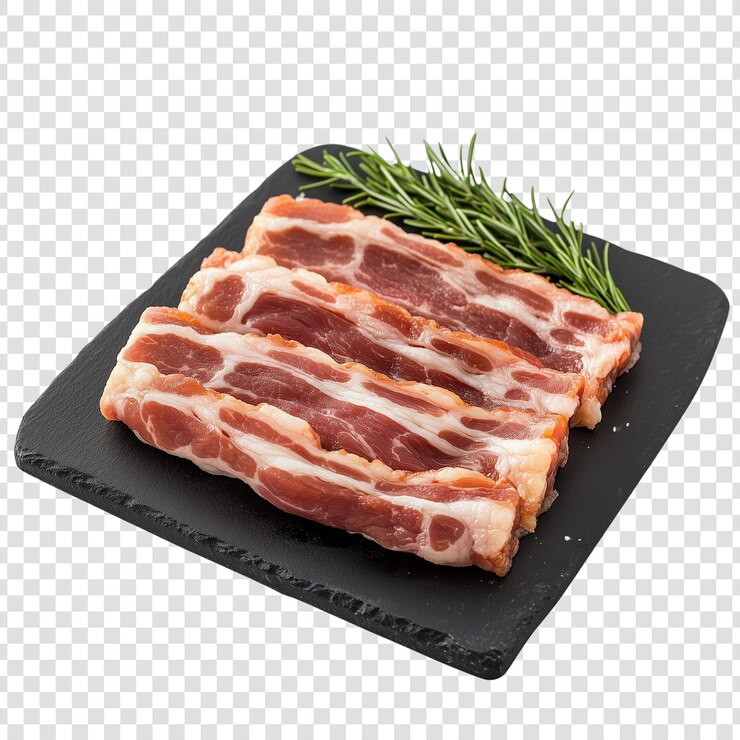 Three raw bacon strips are arranged on a dark slate board alongside fresh rosemary