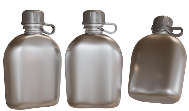 PSD three realistic images of silver canteens