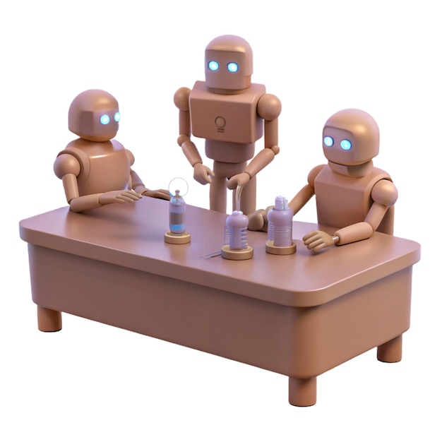 three robots are sitting at a table with one being called robot