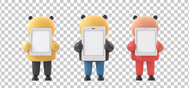 three set of 3d characters showing a blank tablet isolated transparent background