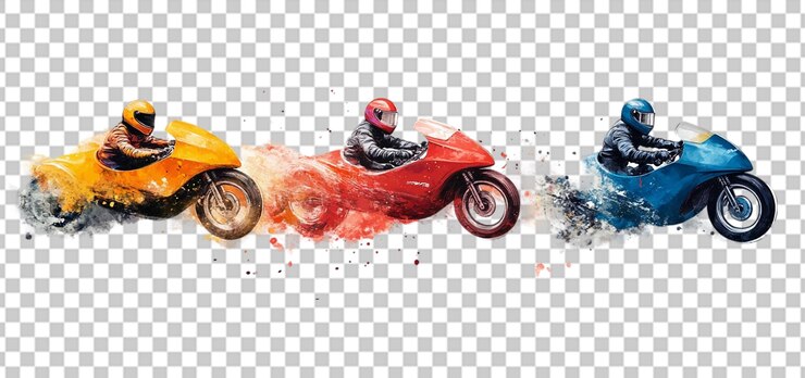 PSD three set of vibrant colorful sidecar racing with artistic designs isolated transparent background